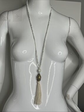 Cocobelle 20” Goldtone Buddha White Beads and Off White Cream Tassle Necklace